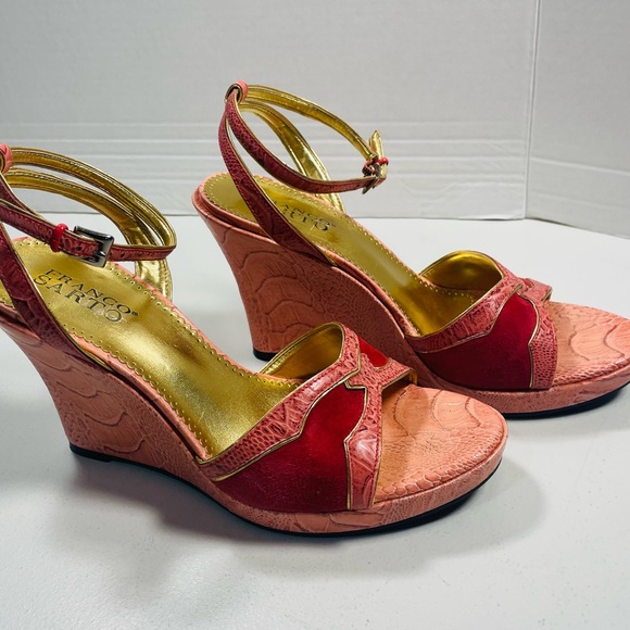 Franco Sarto Red and Pink Faux Snakeskin Ankle Wrap Wedges 8 - Picture 10 of 12